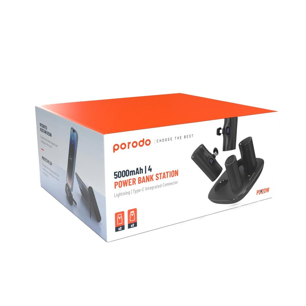 Porodo 5000mAh | 4 Power Bank Station with Lightning | Type-C integrated Connector SKU: PD-PBFCH042-BKGTIN: 09904781421