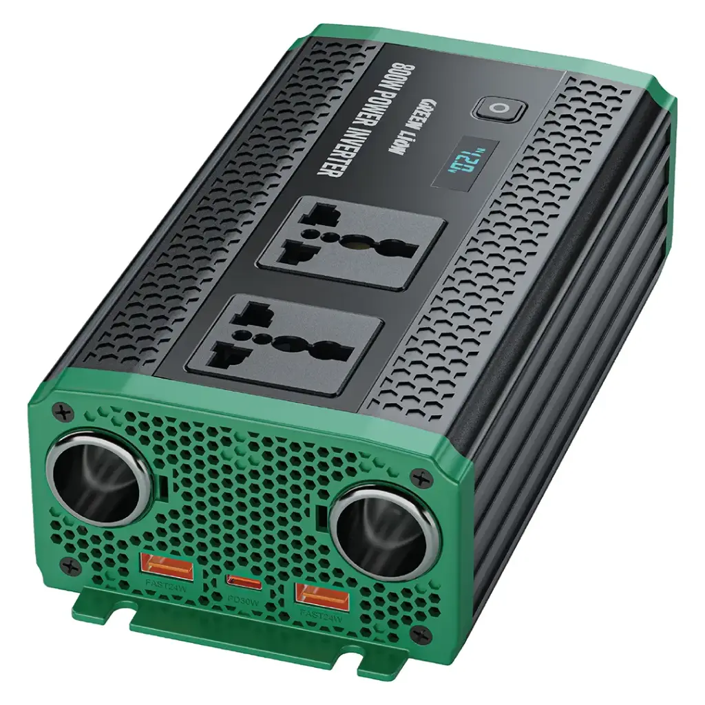  اینورتر خودرو Green Lion GC-350 با توان ۸۰۰ وات، خروجی ۲۲۰ ولت، دو پریز AC، USB-A با QC و USB-C با PD 30W؛ مناسب سفر و ش 